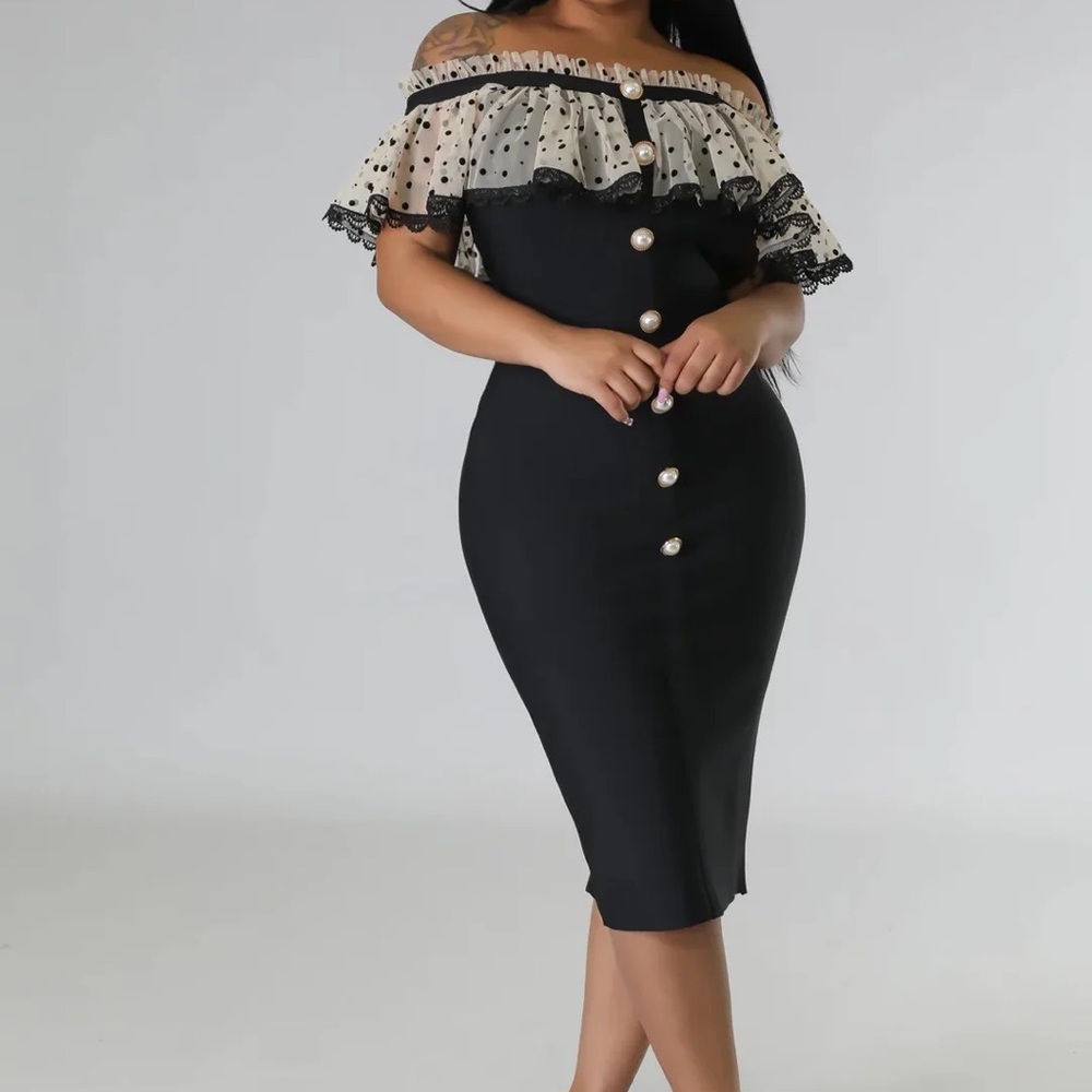 Off-Shoulder Black Dress with Polka Dot Ruffle